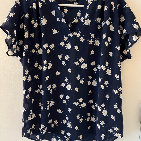 Banana republic flower work blouse navy yellow v neck Xs oversized - Picture 5 of 5